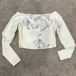 BuffBunny Marbled White Over the Shoulder Long Sleeve Crop Top (M)